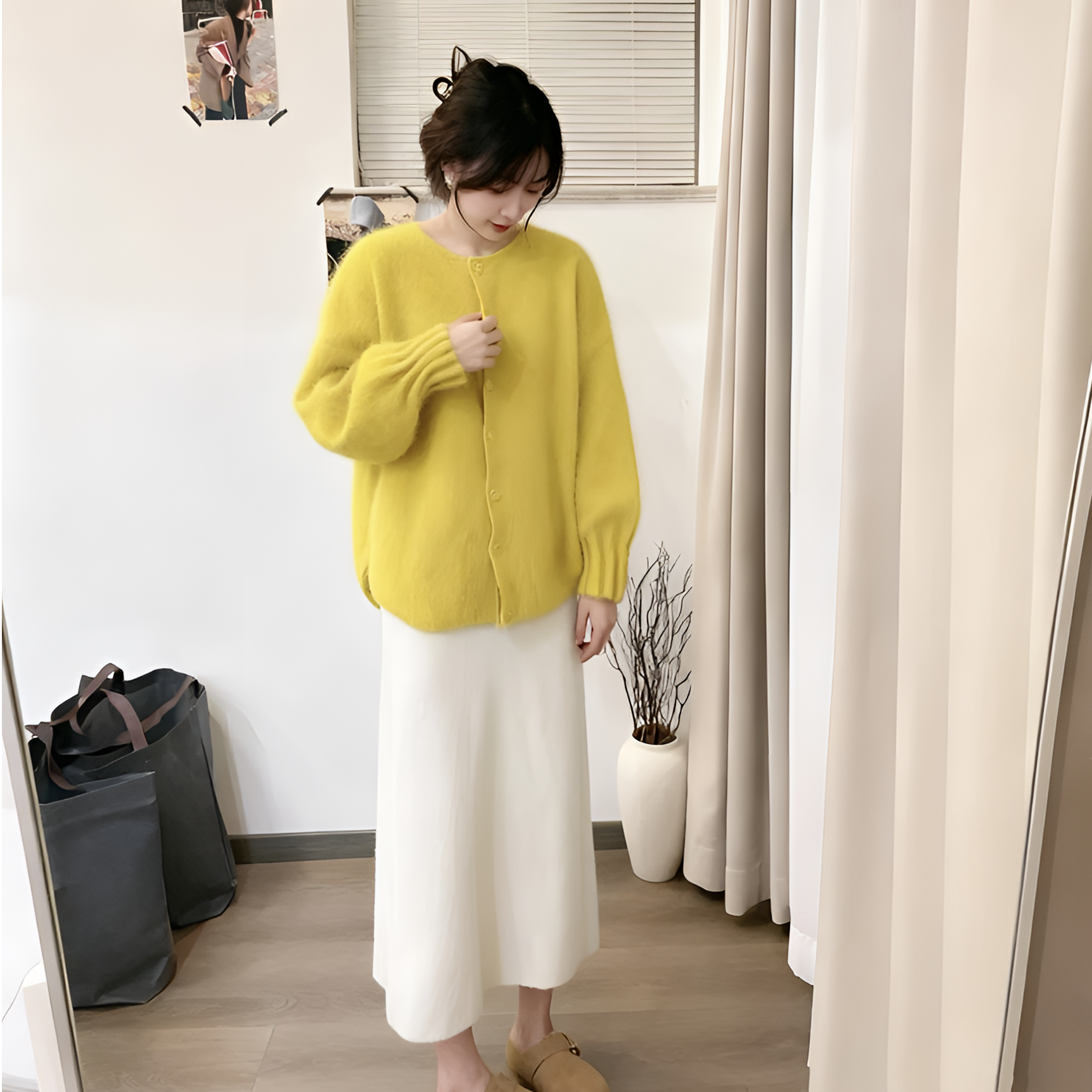 秋冬新款黄色针织开衫上衣搭杏色半身裙套装文艺淑女简约日常