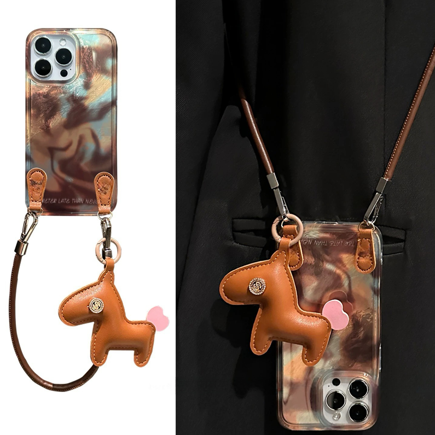 高级感ins晕染棕小马挂件适用苹果16pro手机壳iphone15pro新14pro