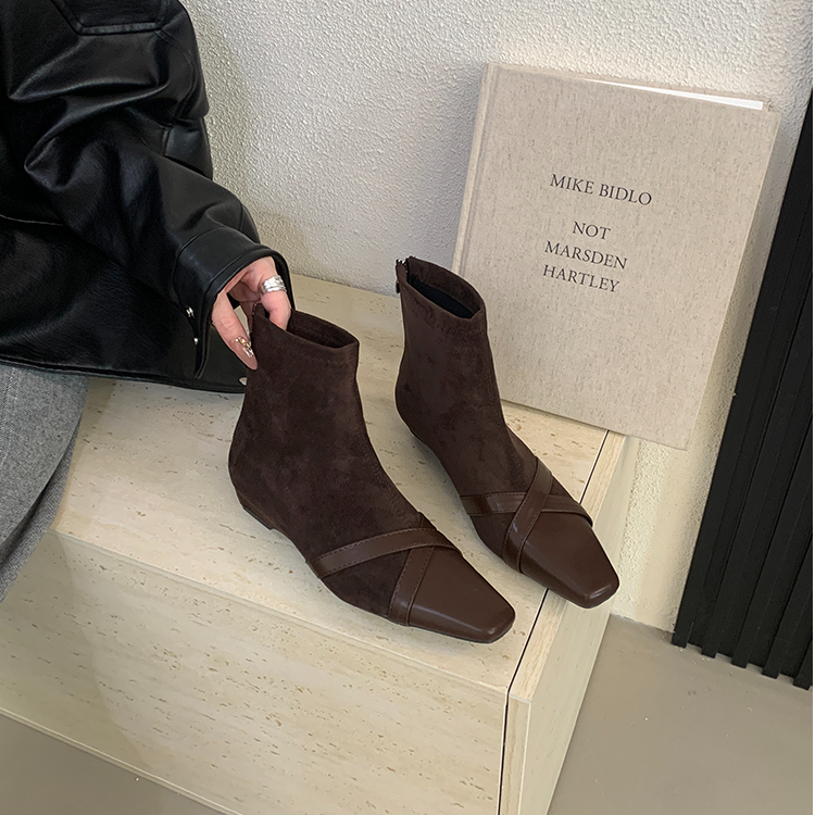 韩系复古粗跟方头瘦瘦短靴女靴子2025秋冬新款时尚洋气低跟小踝靴