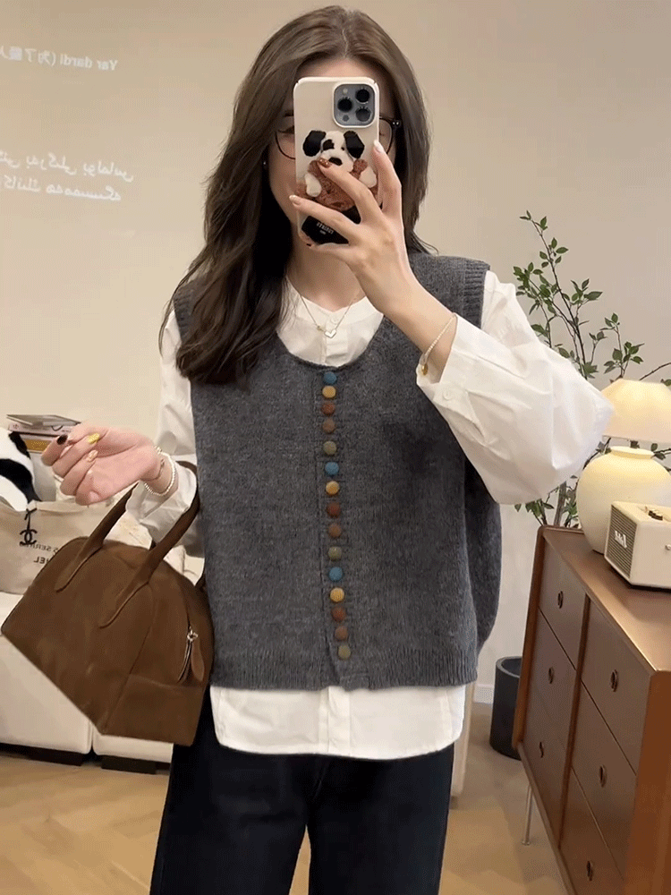 彩色排扣无袖圆领马甲女2024秋季新款气质显瘦百搭坎肩马夹上衣潮