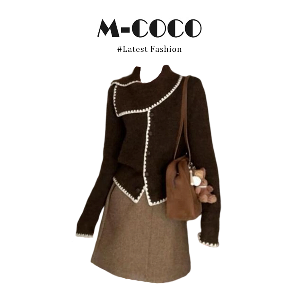 MARIE.COCO复古咖色撞色围巾领长袖毛衣外套女冬季新款包臀半身裙