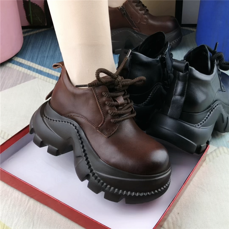 真皮短靴女圆头松糕厚底靴子女复古单靴棉鞋女冬加绒软底马丁靴女