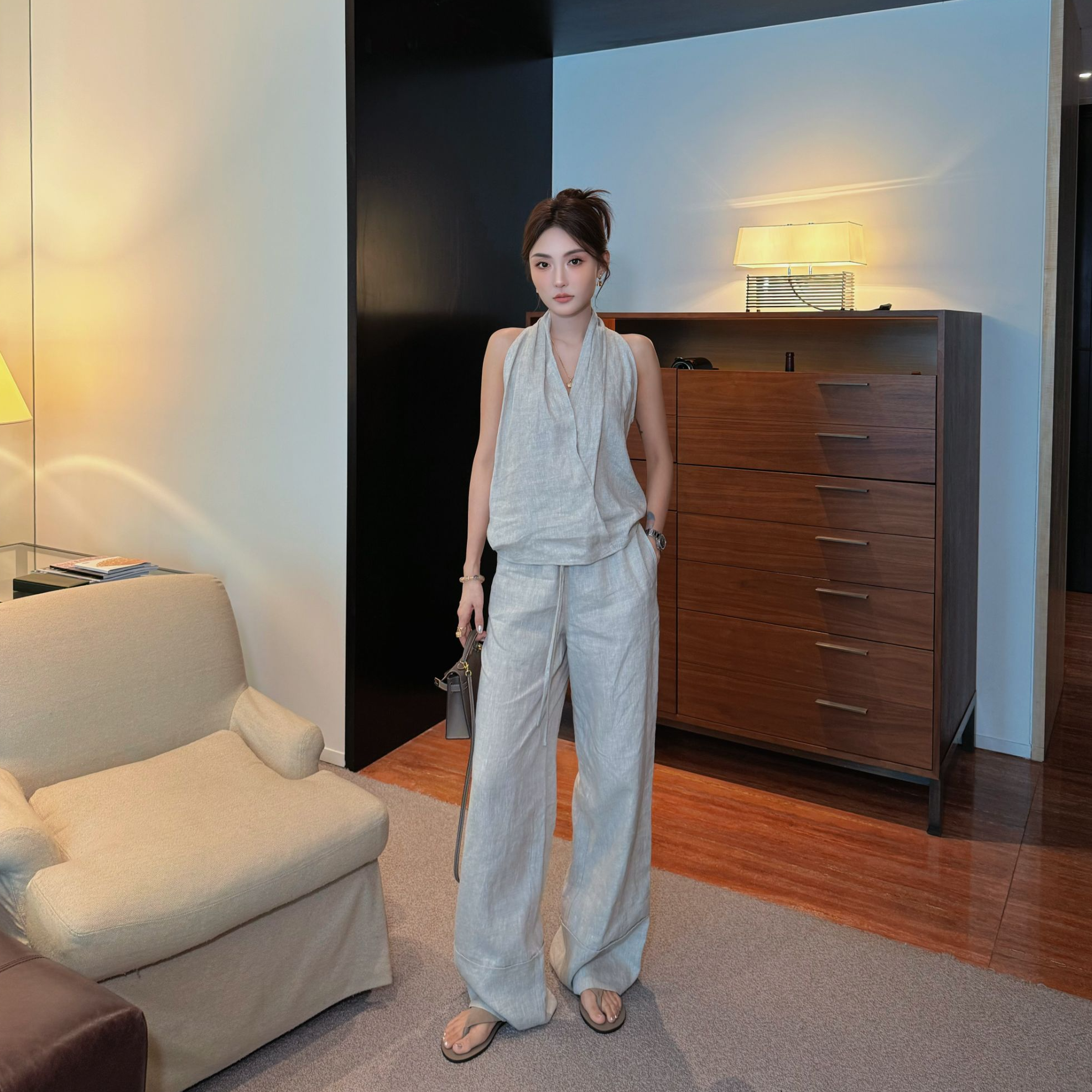 Moprobably 李予诺「飘逸裤」“100%亚麻”轻奢百搭阔腿裤L5263047