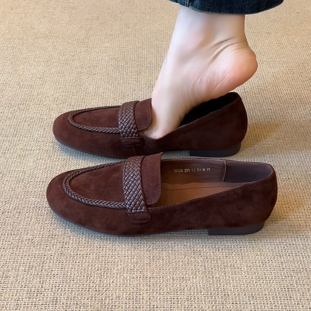 RubyL/1.5cm通勤复古磨砂编织带舒适一脚蹬圆头深口粗跟单鞋女款