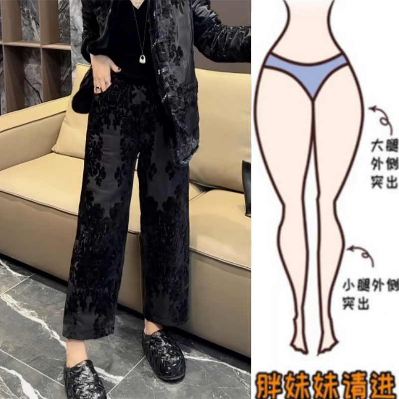 格洛森冬季新款高腰显瘦洋气花纹阔腿九分裤时尚百搭直筒加厚棉裤