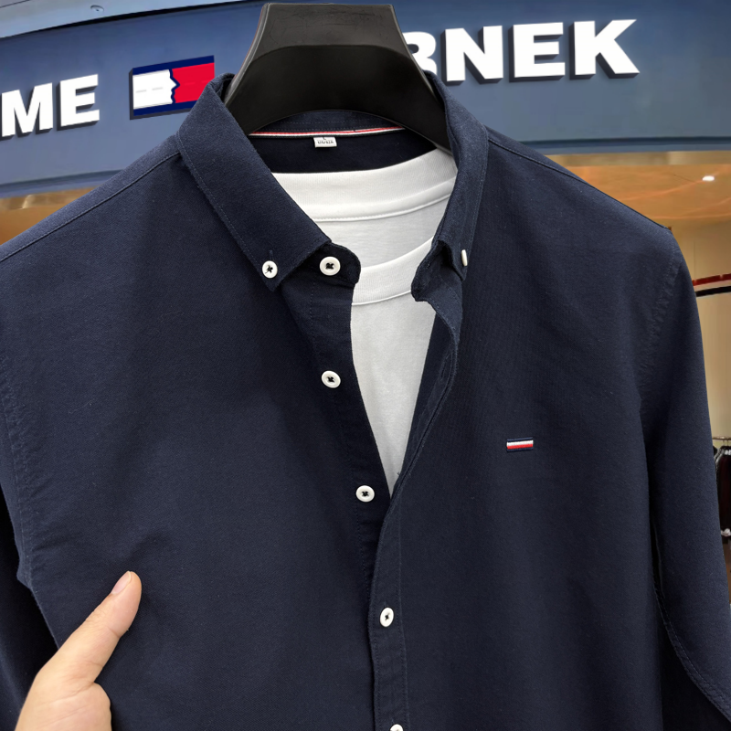 汤米希凯利纯棉长袖衬衣男士春秋新款百搭纯色宽松高档商务衬衫