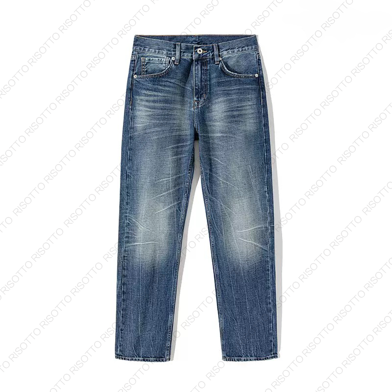 秋冬13.5盎司冈山棉料休闲商务宽松直筒水洗扎花压皱毛须牛仔裤男