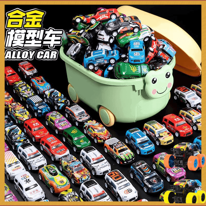 【爆款】金属回力小汽车惯性越野车儿童玩具车铁皮合金车收纳箱装
