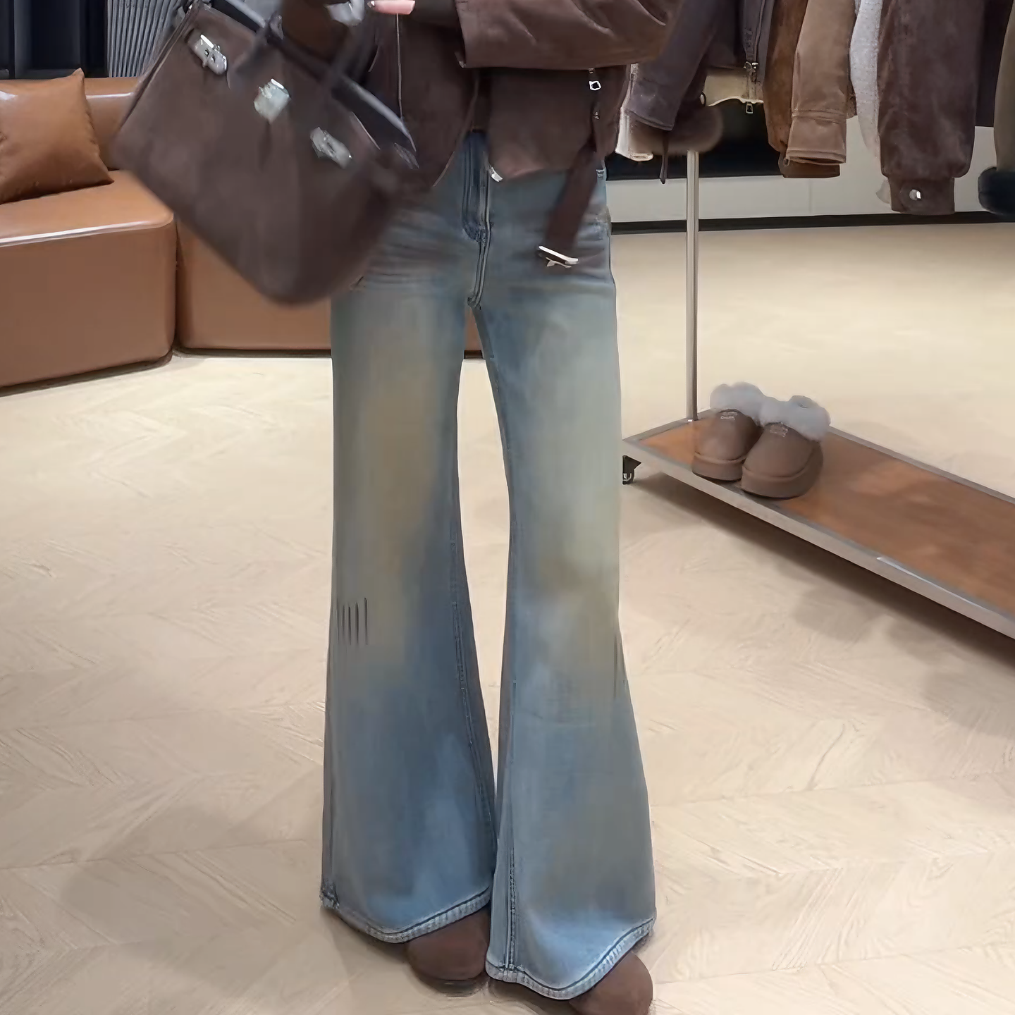 2025冬季加绒四面弹复古水洗直筒时尚微喇裤高腰牛仔裤LK2508298