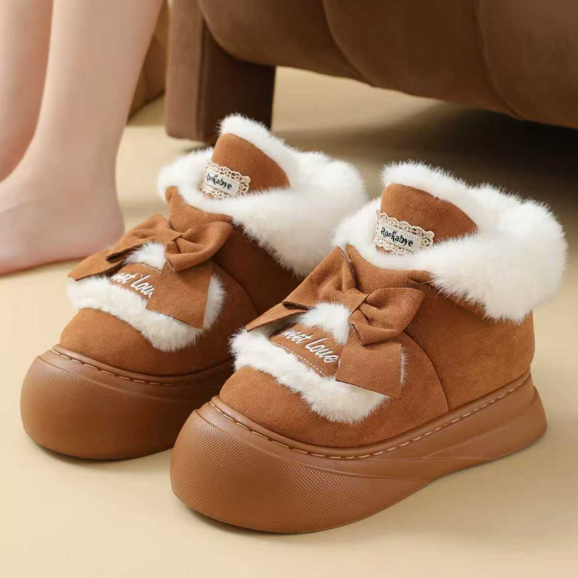 2025新款高货蝴蝶结高帮中筒棉靴时尚百搭居家仙女风冬季保暖毛靴