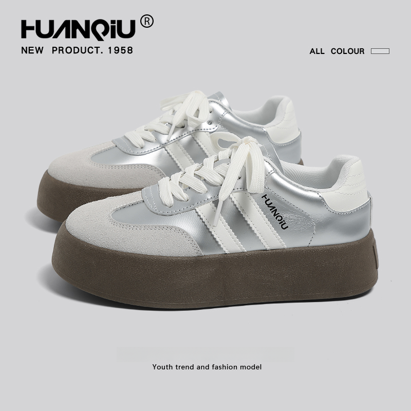 环球银色透气厚底德训鞋女款2025年新款春秋季百搭鞋子女休闲板鞋