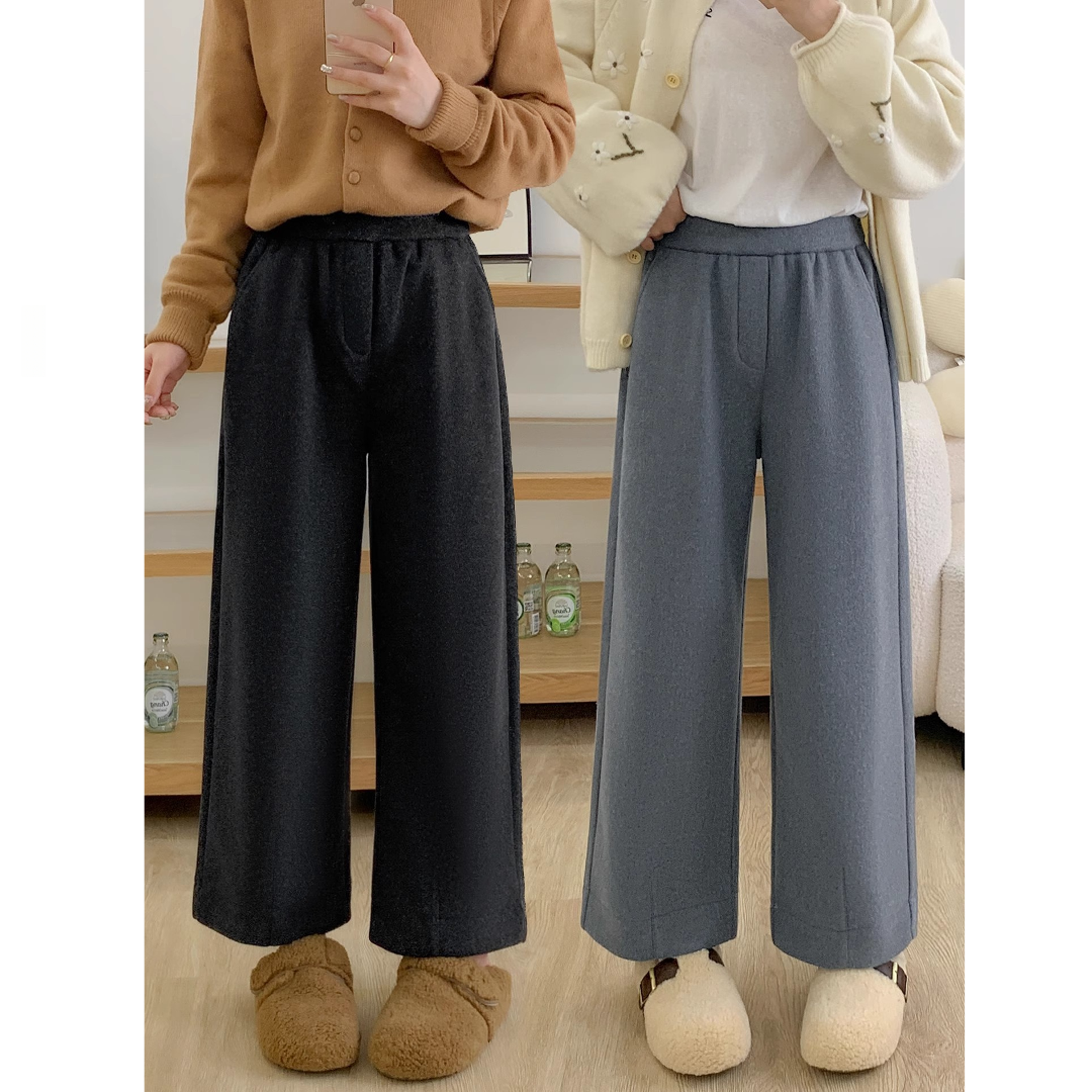 秋冬新款加厚毛呢山本裤女梨形身材小个子宽松显瘦直筒九分奶奶裤