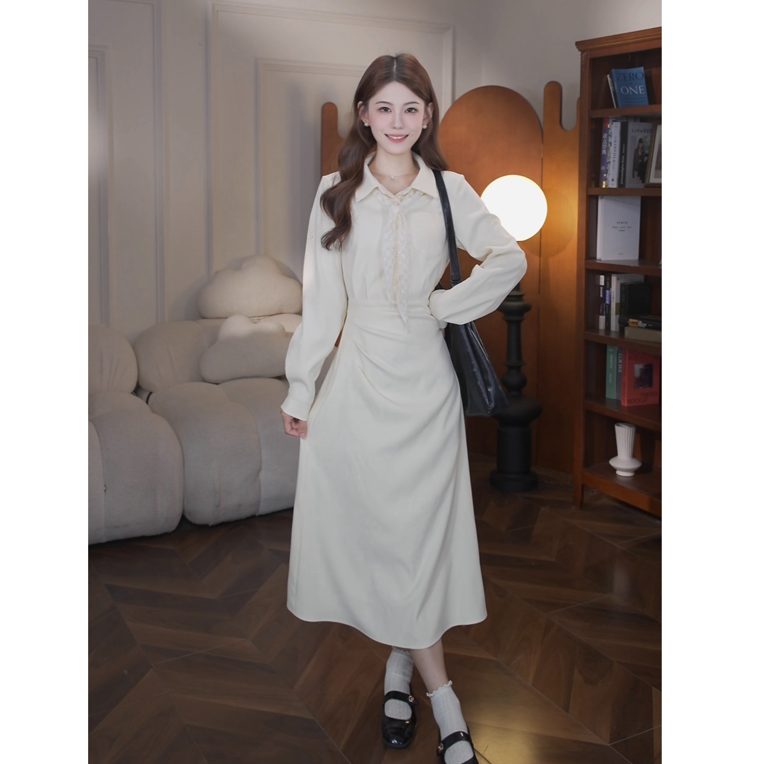 鹿向南【月光独奏】秋季新款法式通勤衬衫领假两件收腰显瘦连衣裙女