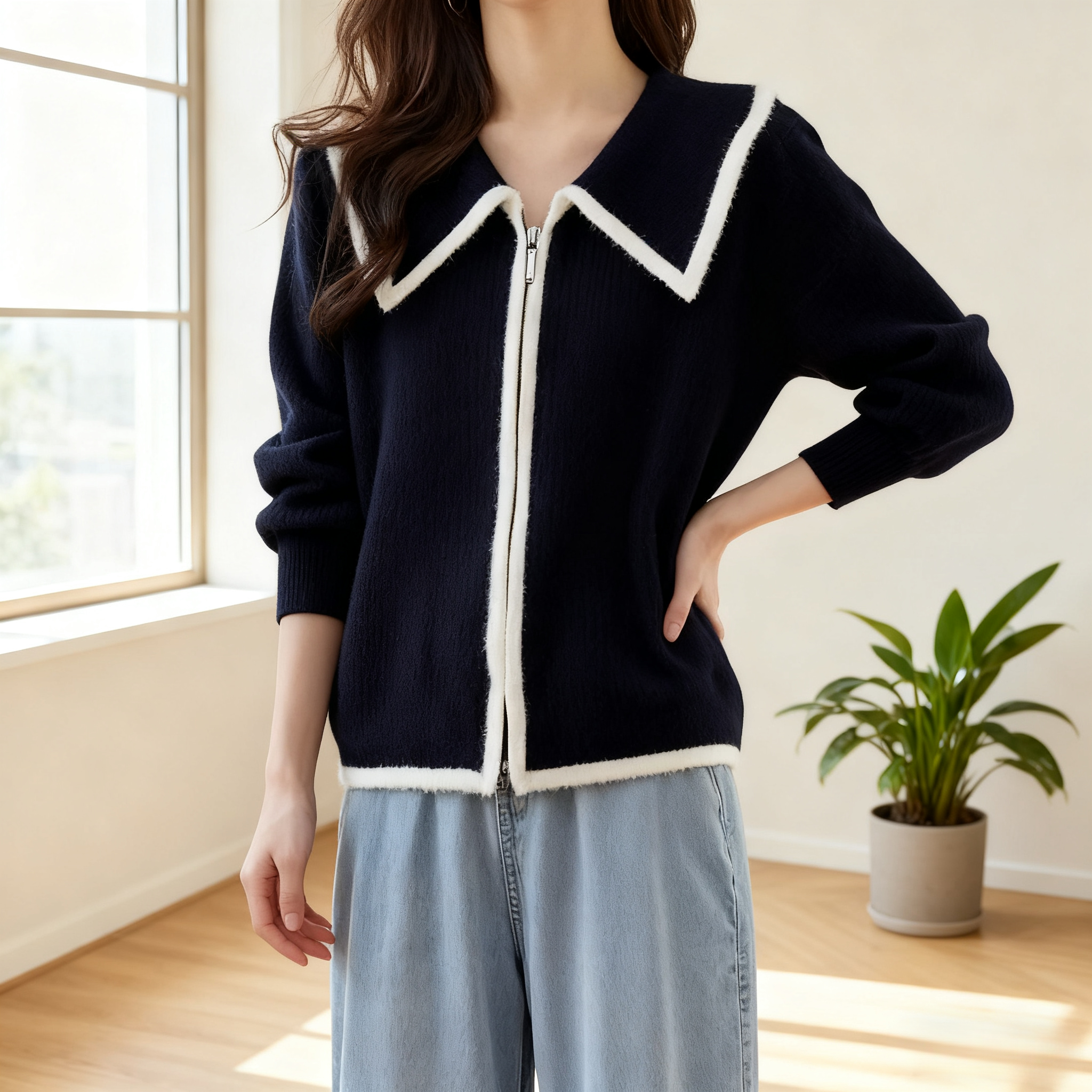 大码女装针织大码秋季女长袖韩系毛针白月大微胖女款拼接打底衫