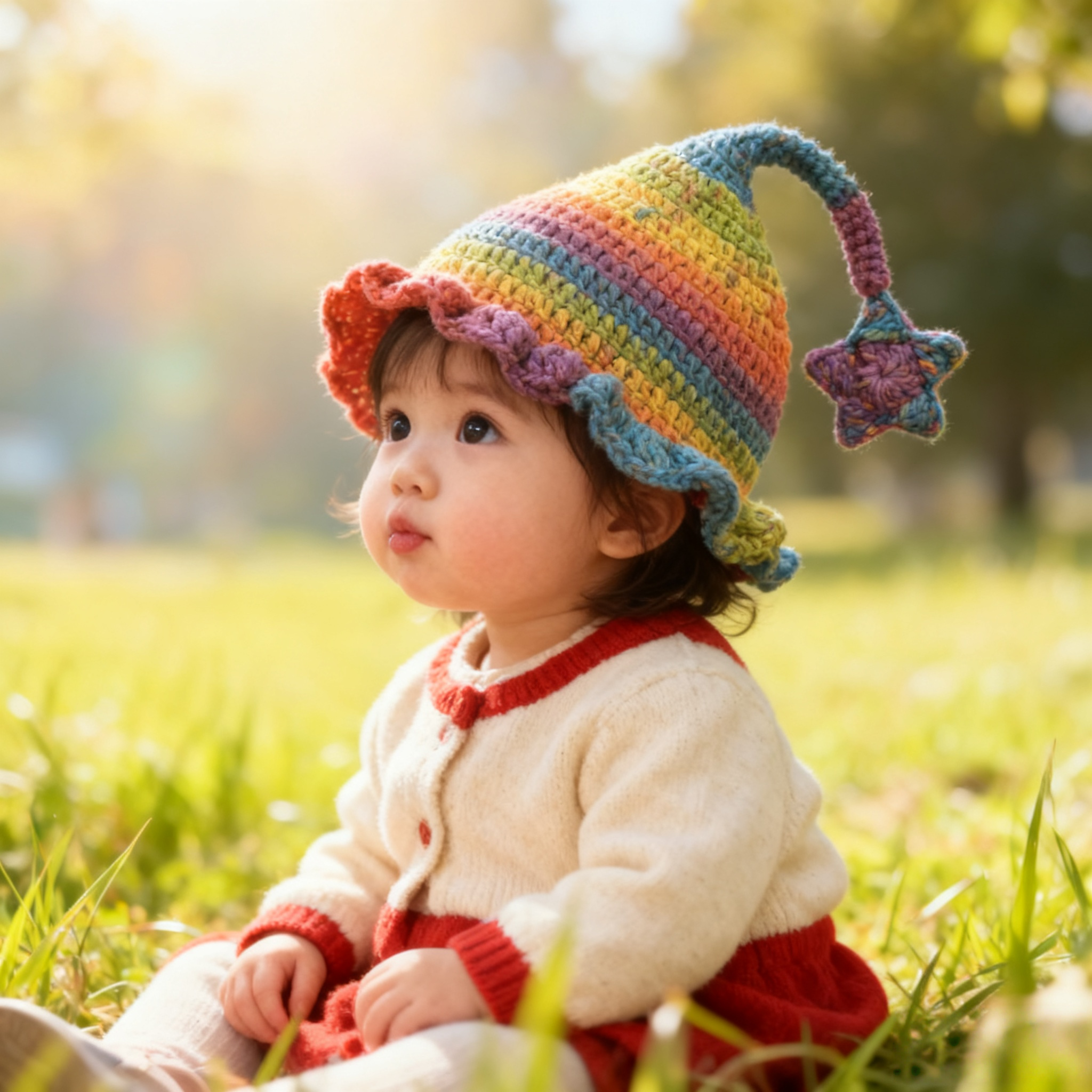 小红书同款宝宝秋冬炫彩巫师帽手工钩织精灵帽毛线帽可爱彩虹针织