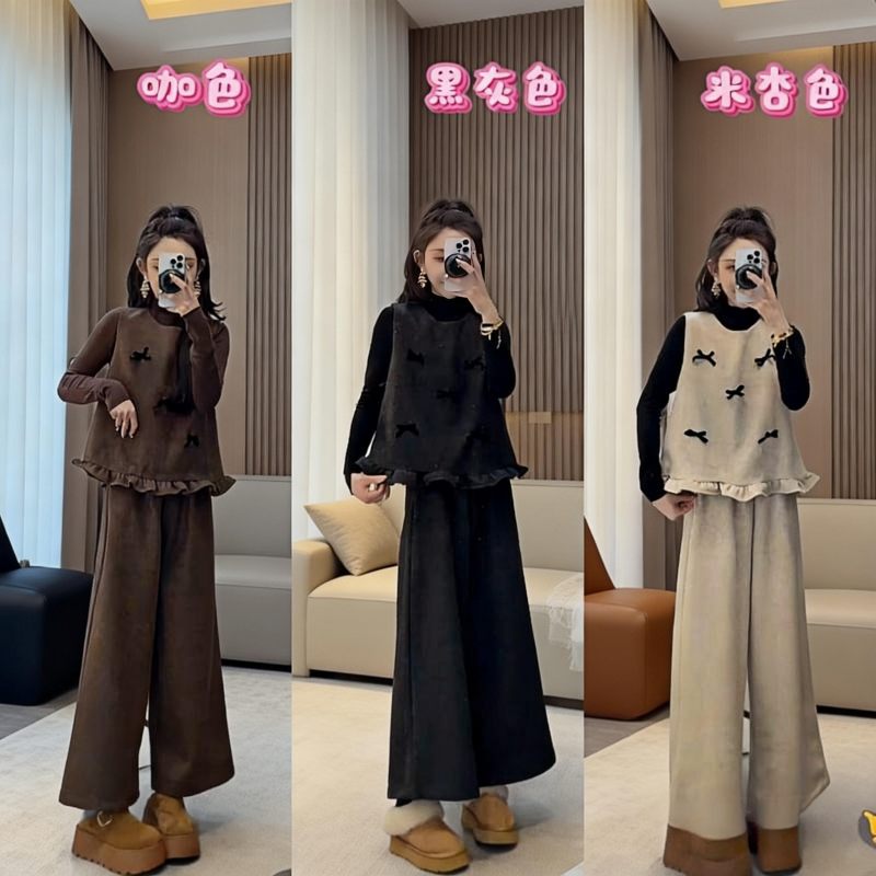 新款时尚潮流呢子套装立体蝴蝶结马甲高领打底衫九分新款潮牌女装