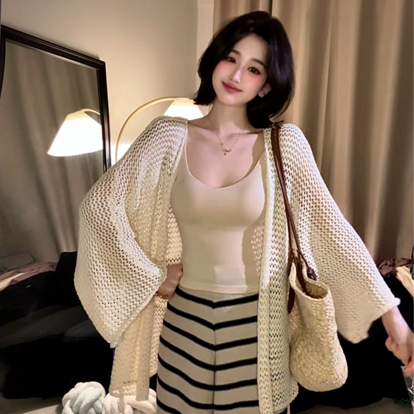 温柔镂空系带针织开衫女2025夏秋设计感慵懒宽松薄外套