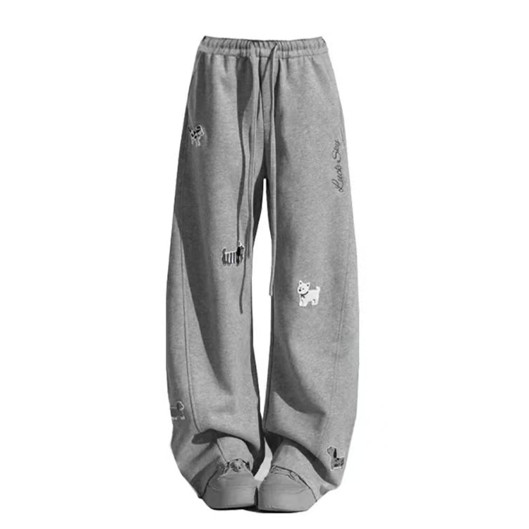 小狗贴布刺绣休闲阔腿裤女春季2025新款高腰显瘦垂感直筒宽松卫裤