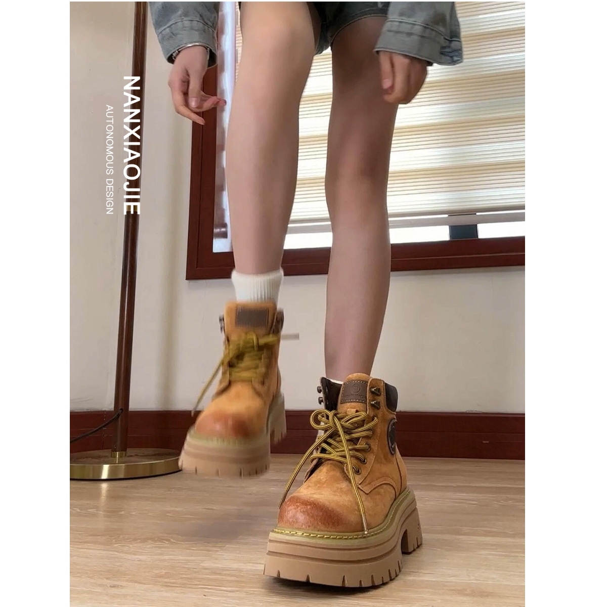 厚底内增高马丁靴女英伦风2025年新款秋冬爆款薄款透气软皮大黄靴