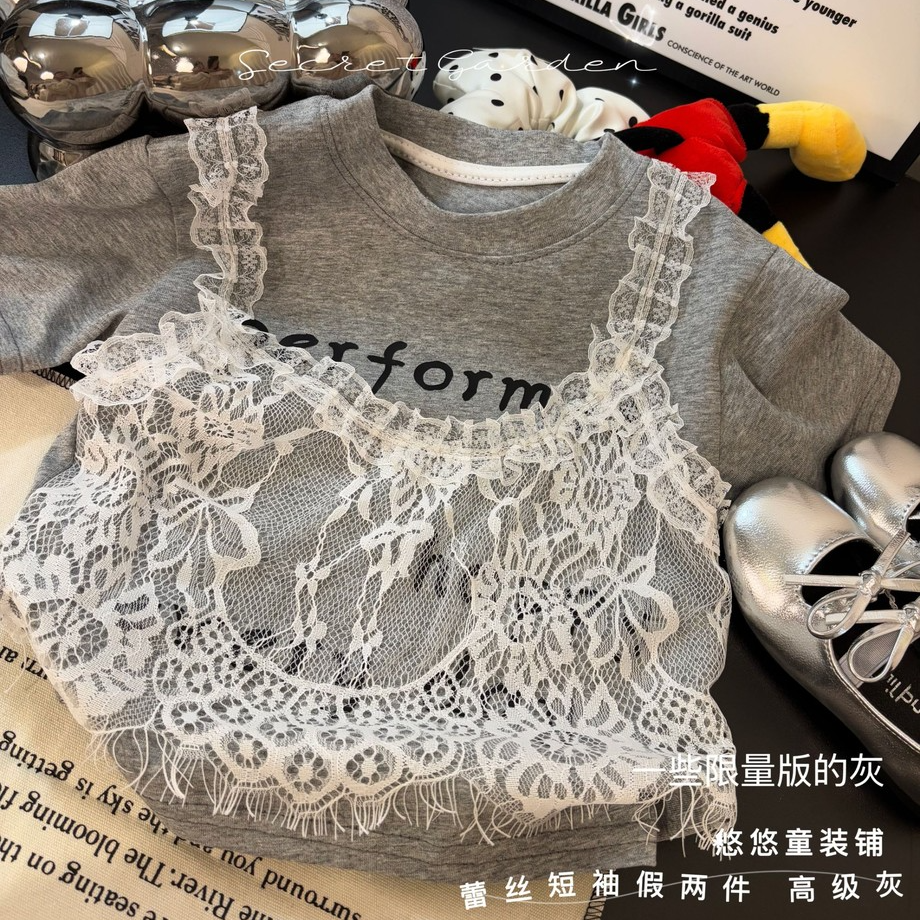 新款卡夏季儿童纯棉半袖花边蕾丝夏装T