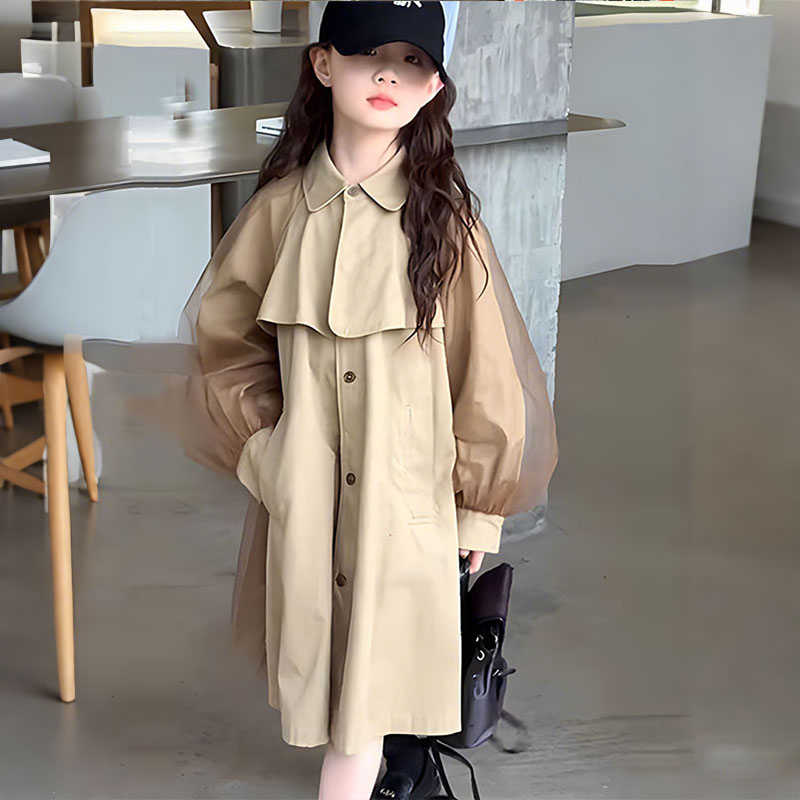 女童风衣春秋季2025新款韩版中长款大衣网纱裙外套中大童英伦风潮