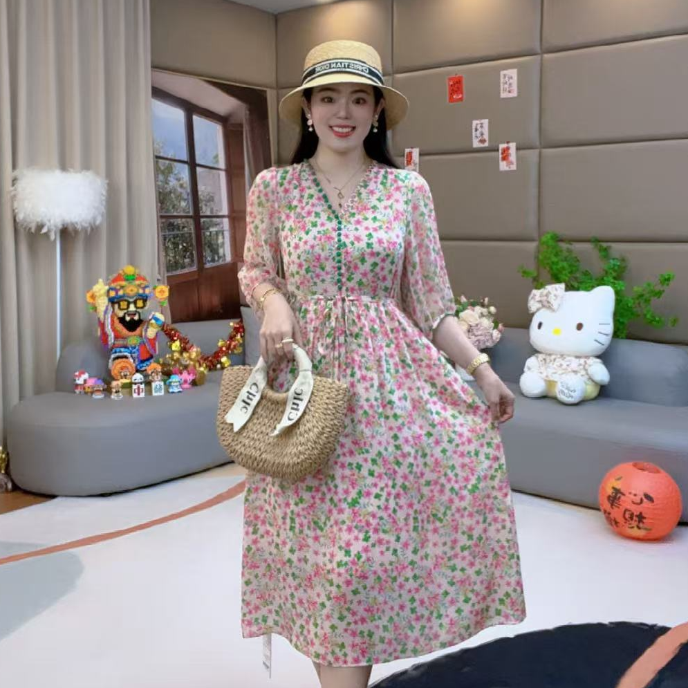 【火火精选】“清新一夏”法式洋气温婉大方慵懒风桑蚕丝连衣裙 90439
