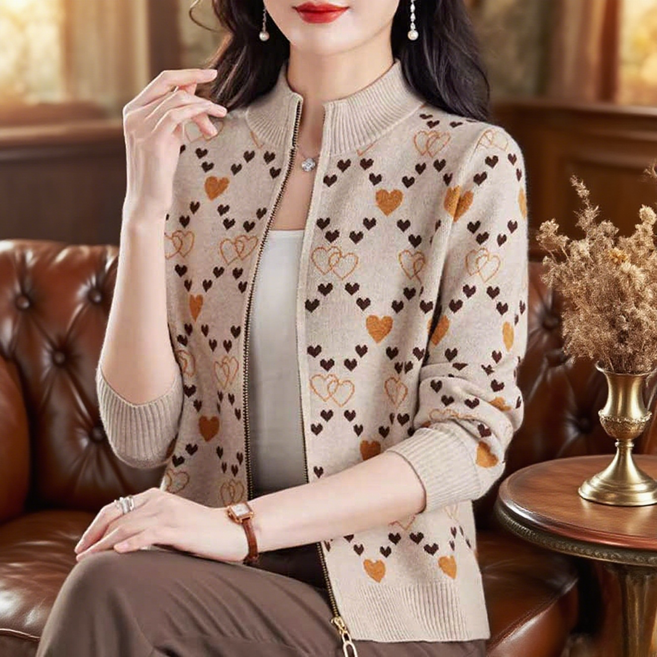 针织开衫春秋新款拉链半高领羊毛中年女士加厚毛衣外套专柜正品