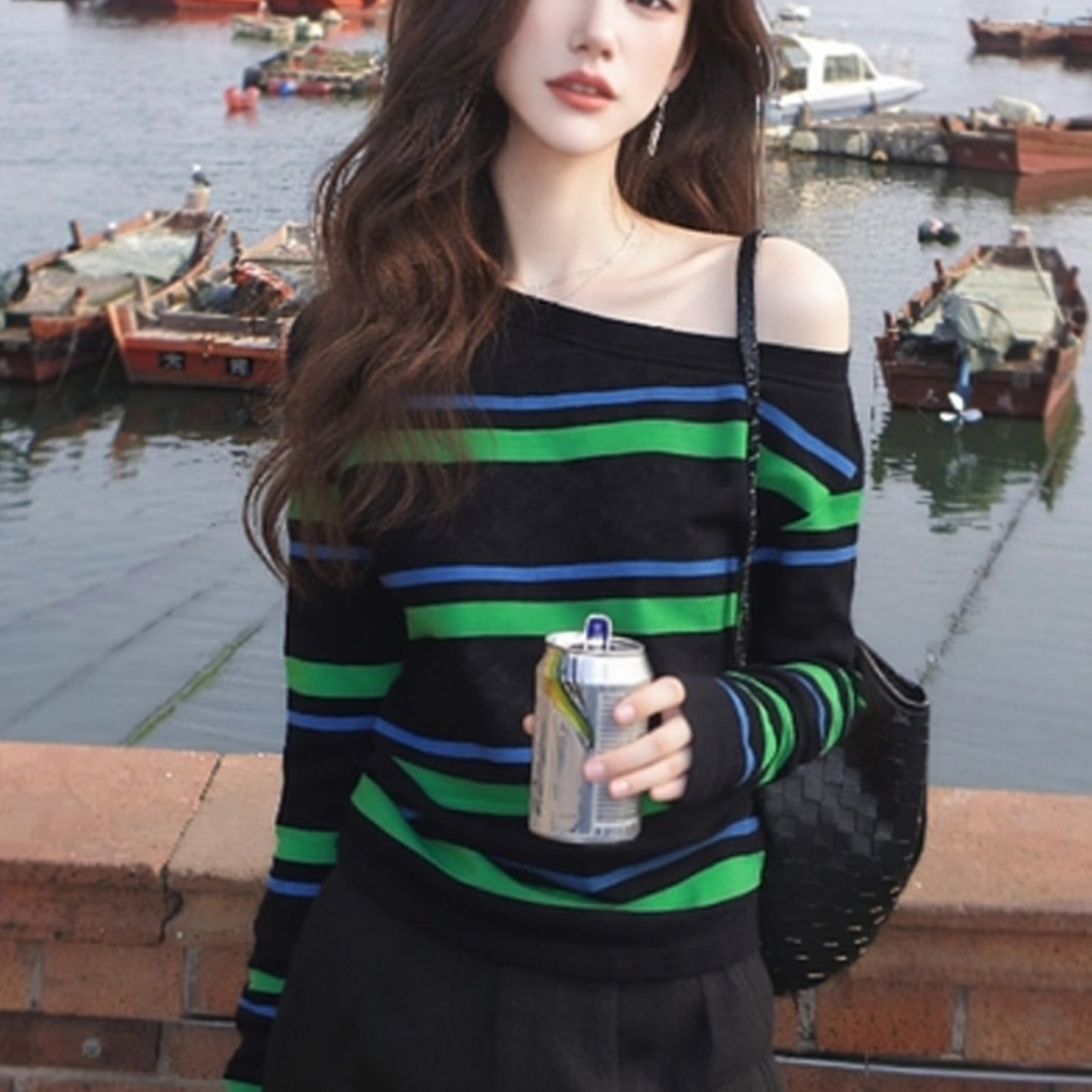 独特超好看上衣韩系慵懒风松弛感小众不撞款斜肩条纹T恤针织衫秋