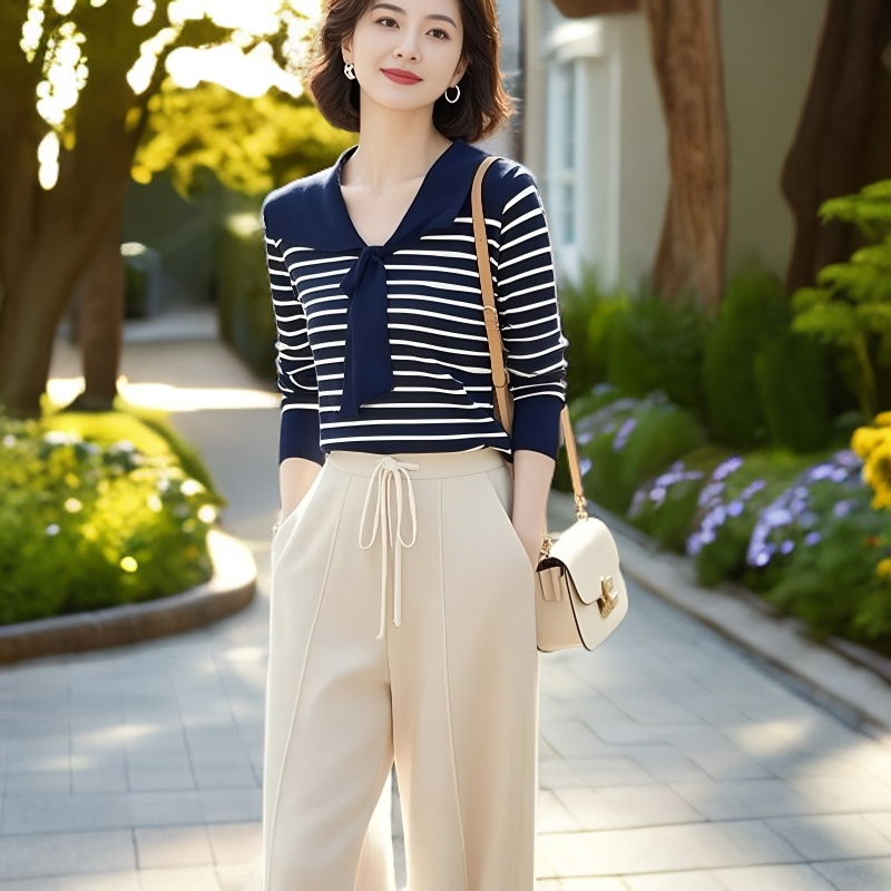 时尚高档长袖针织衫两件套女2025春秋洋气设计感条纹气质显瘦套装