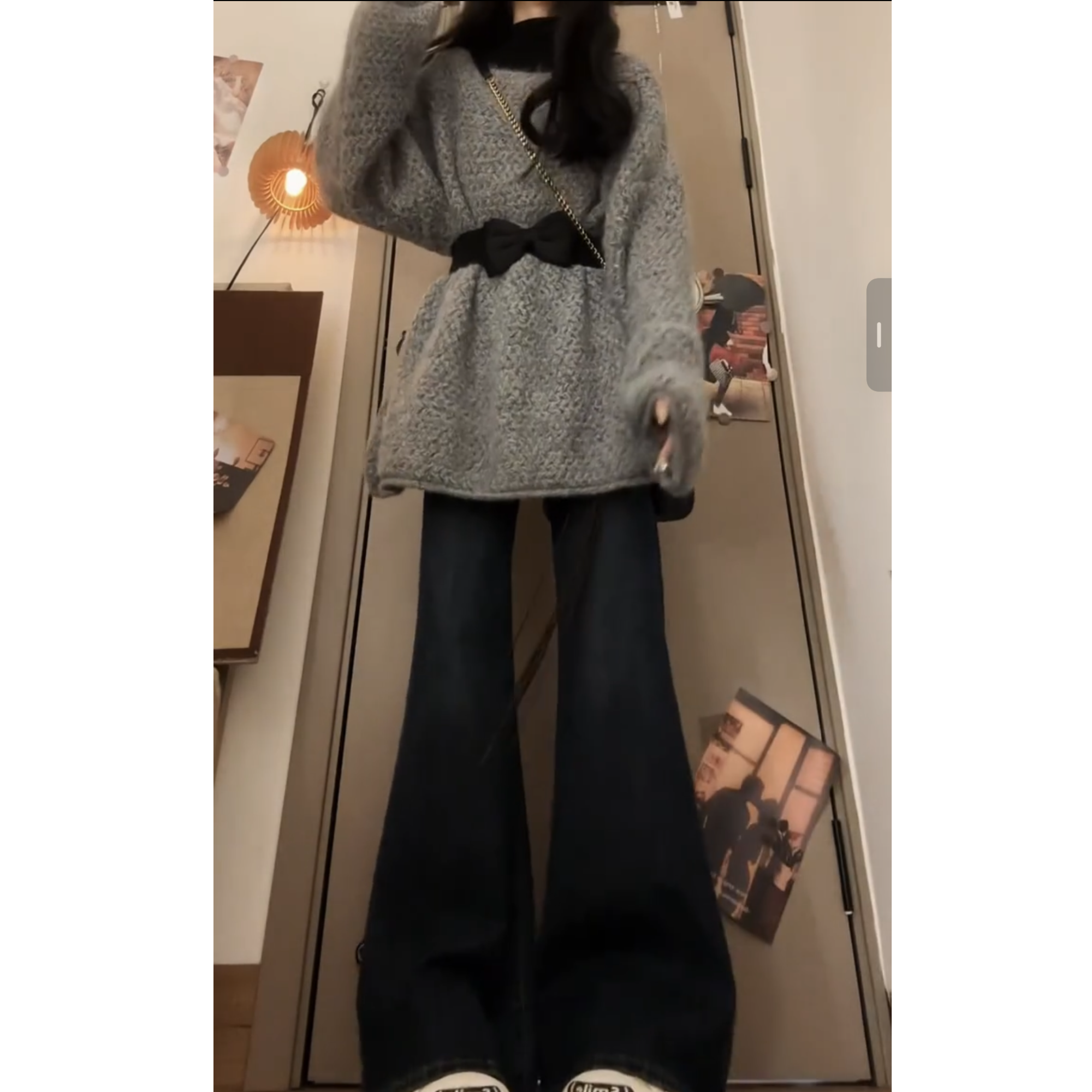 2025新款韩系灰色蝴蝶结收腰毛衣女秋冬季慵懒风宽松内搭针织套装