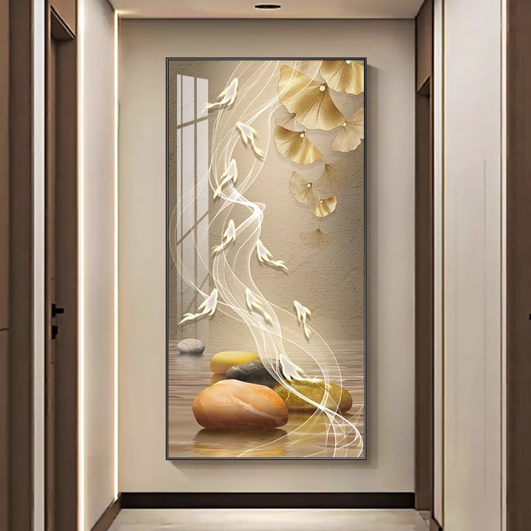 现代轻奢入户玄关装饰画寓意好走廊过道挂画竖版墙画大气九鱼壁画
