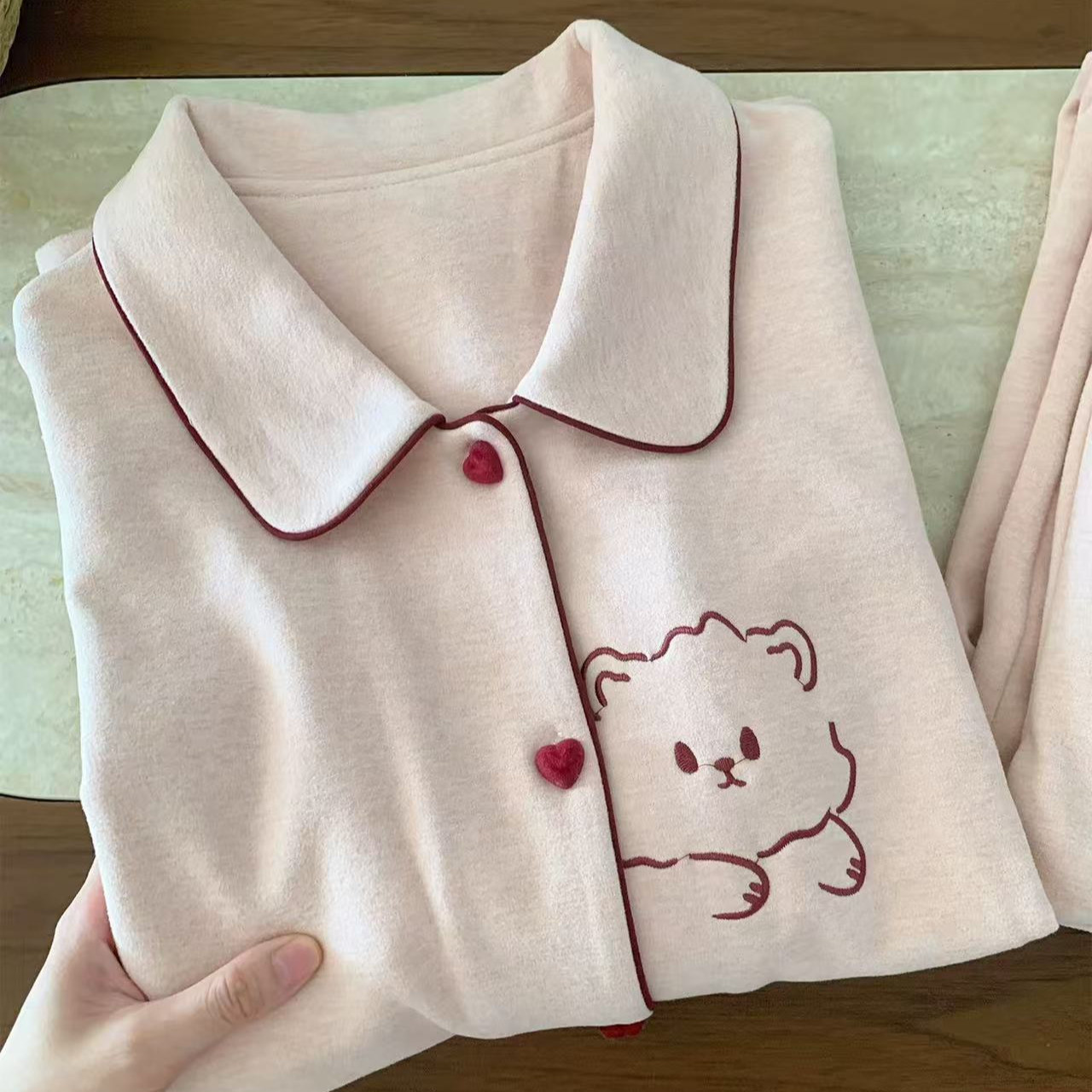 秋冬季超柔软长袖长裤德绒保暖睡衣可爱小猫咪刺绣家居服可外穿