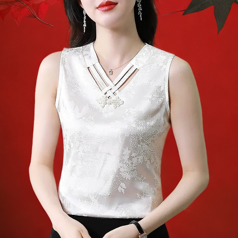 新中式国风女外穿夏大码显瘦缎面蕾丝提花打底衫无袖v领内搭T恤