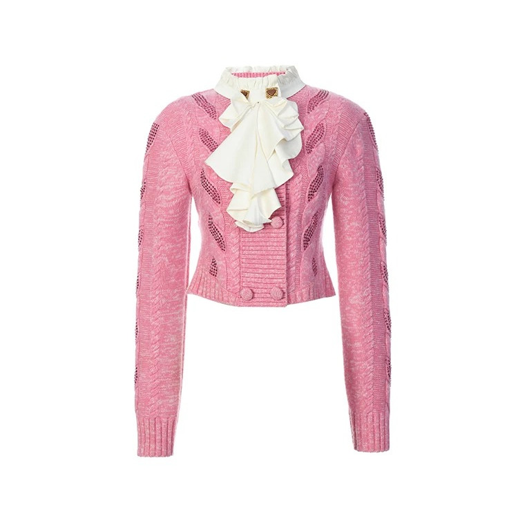 LeFame/拉飞姆24秋LF24Q41ZB060粉色绞花烫钻荷叶领针织上衣气质