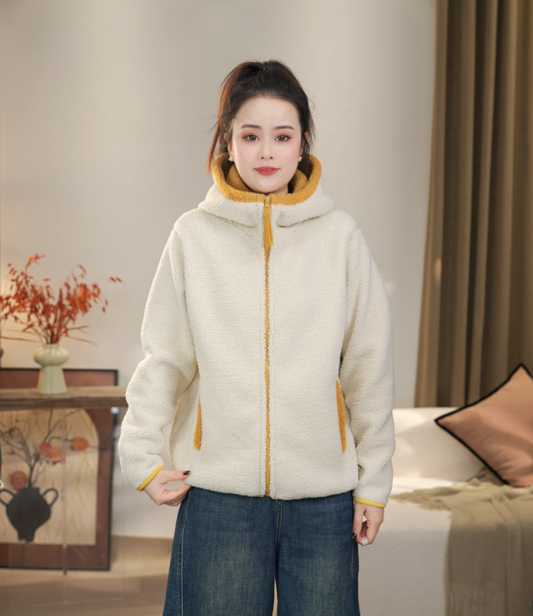 【沐沐】冬季宽松休闲加绒加厚拼色颗粒绒双面保暖连帽厚外套