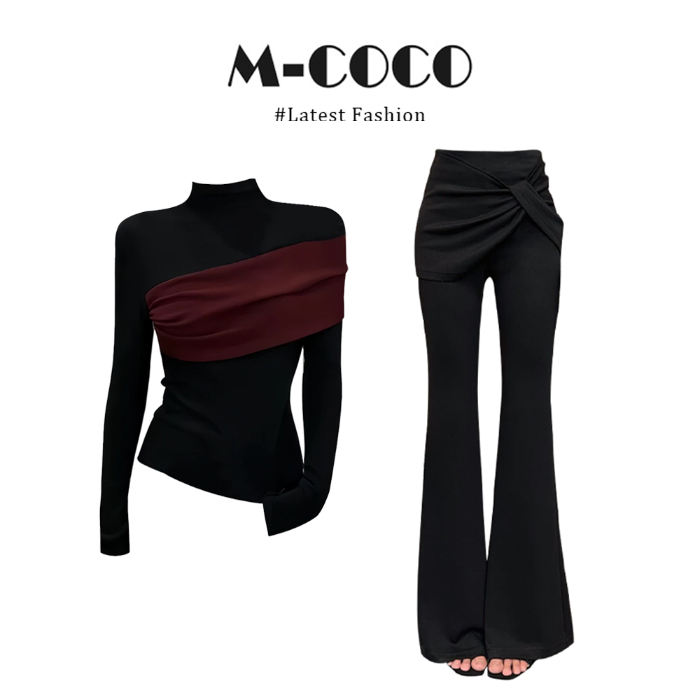 INS CEC气质洋气撞色拼接不规则打底衫套头上衣喇叭裤显瘦套装