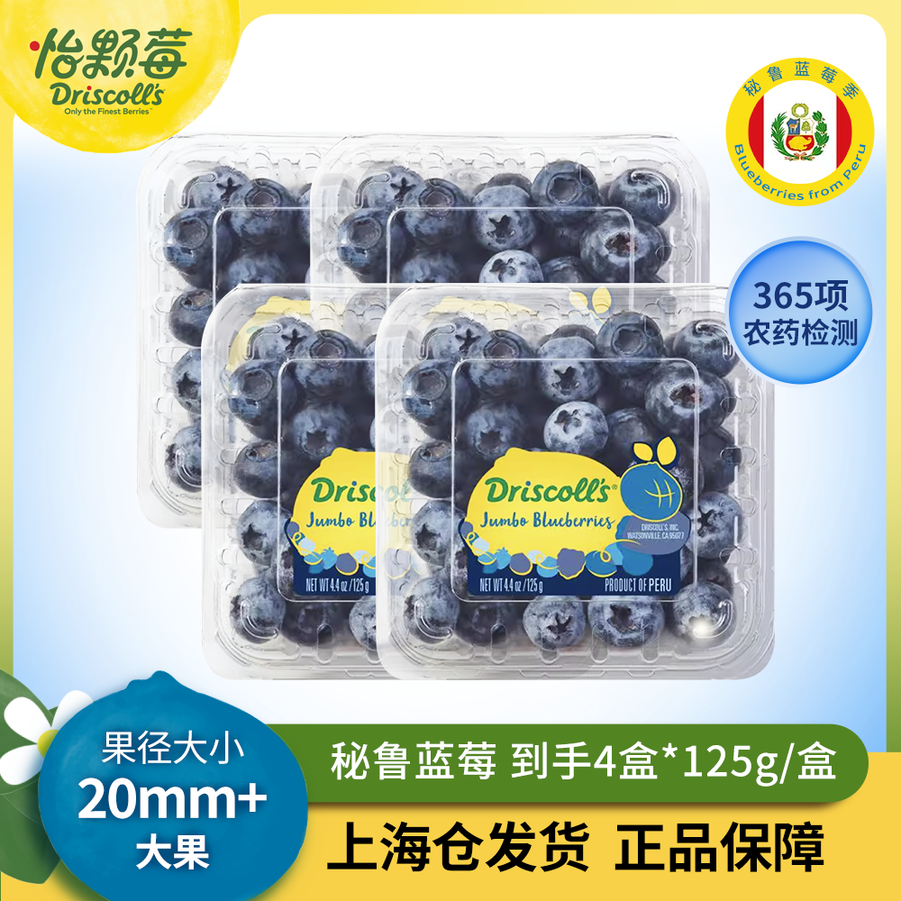 Driscoll's/怡颗莓秘鲁新鲜采摘蓝莓大果特大鲜果4盒*单盒125g TZ