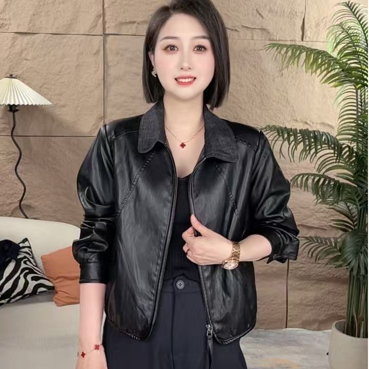 新款皮衣免洗时尚百搭衬衫领领口拼接拉链款气质显瘦休闲外套