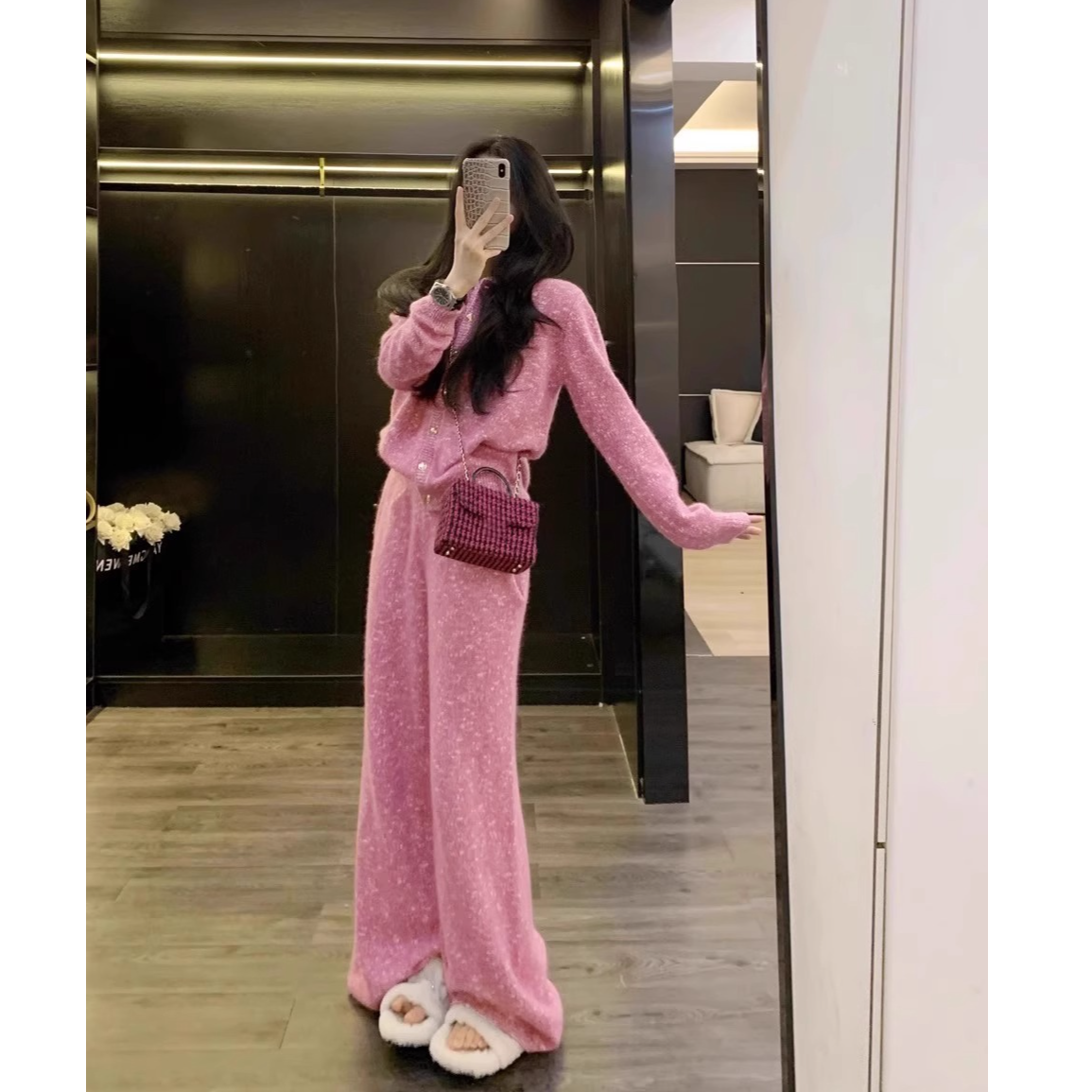 Leathercat2025超火套装春装时尚高级感针织显瘦阔腿裤小香风套装