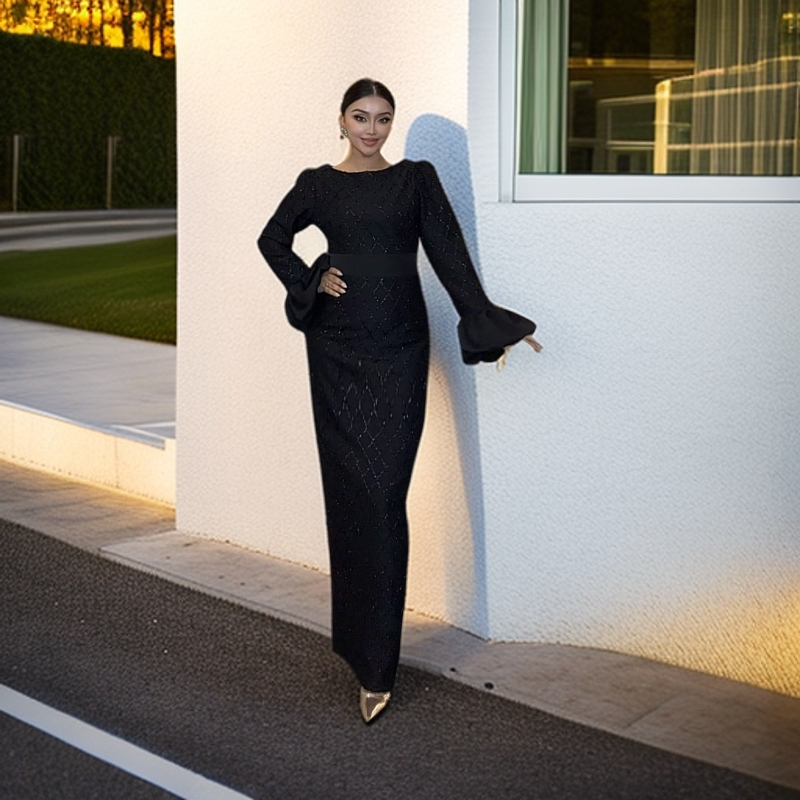 黑色喇叭袖束腰气质长袖时尚显瘦开叉连衣裙