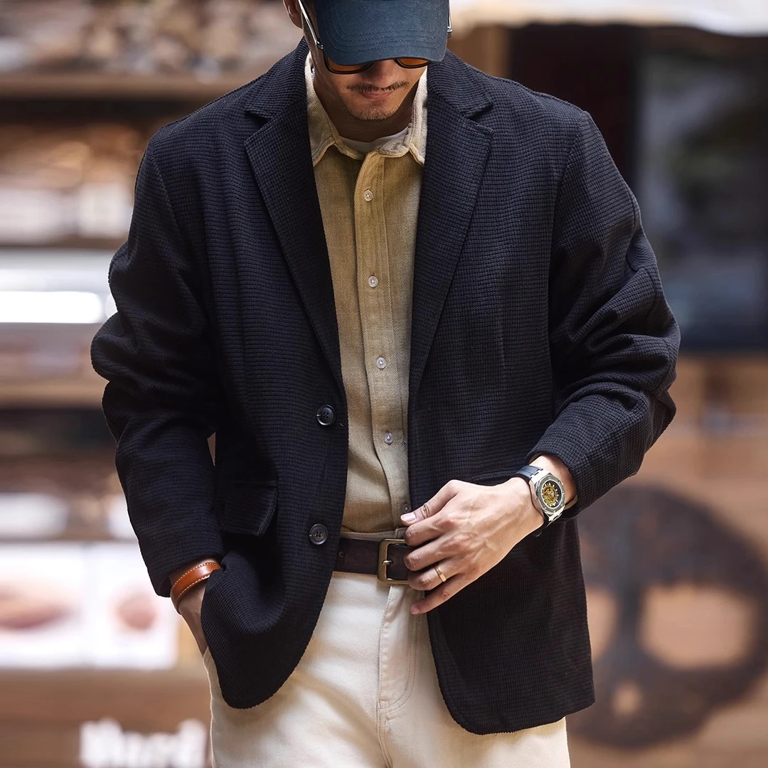 美式高端华夫格男休闲西装外套男秋季新款肌理感痞帅夹克西服男装