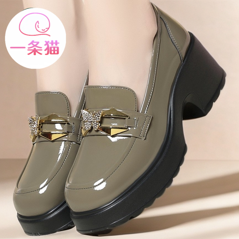 一条猫乐福鞋单鞋高跟不累脚久站不累女鞋妈妈鞋女士皮鞋英伦风