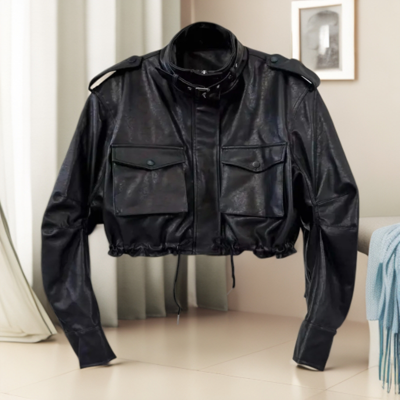 网红同款2025秋季新品工装机车服系扣立领皮衣外套女洋气宽松夹克