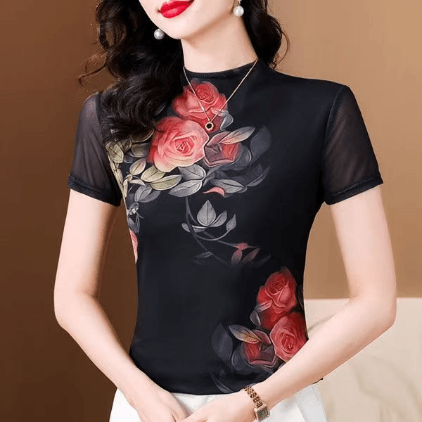 2025夏季半高领网纱短袖T恤大码修身时髦花色洋气显瘦内搭上衣