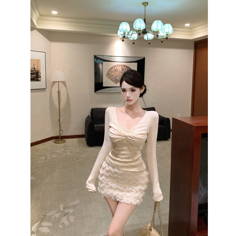 温柔纯欲交叉蕾丝拼接长袖打底针织衫上衣人鱼闪片包臀半身裙套装