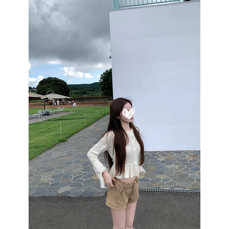 毛衣女秋季镂空钩花荷叶边长袖设计感法式复古风短款针织开衫上衣