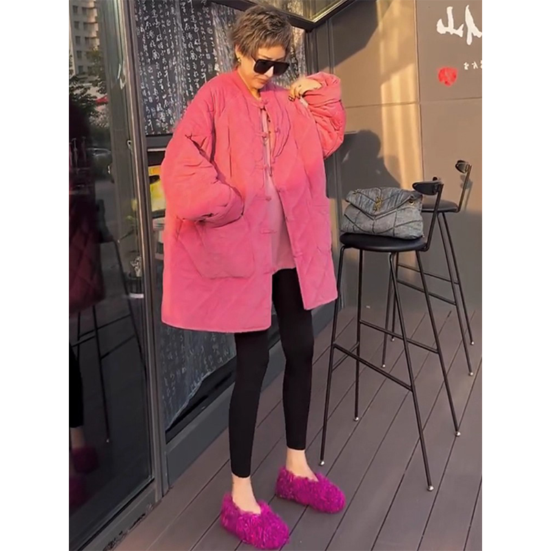 时尚休闲纯色上衣欧洲站2025冬季新款国风百搭宽松中长款盘扣外套