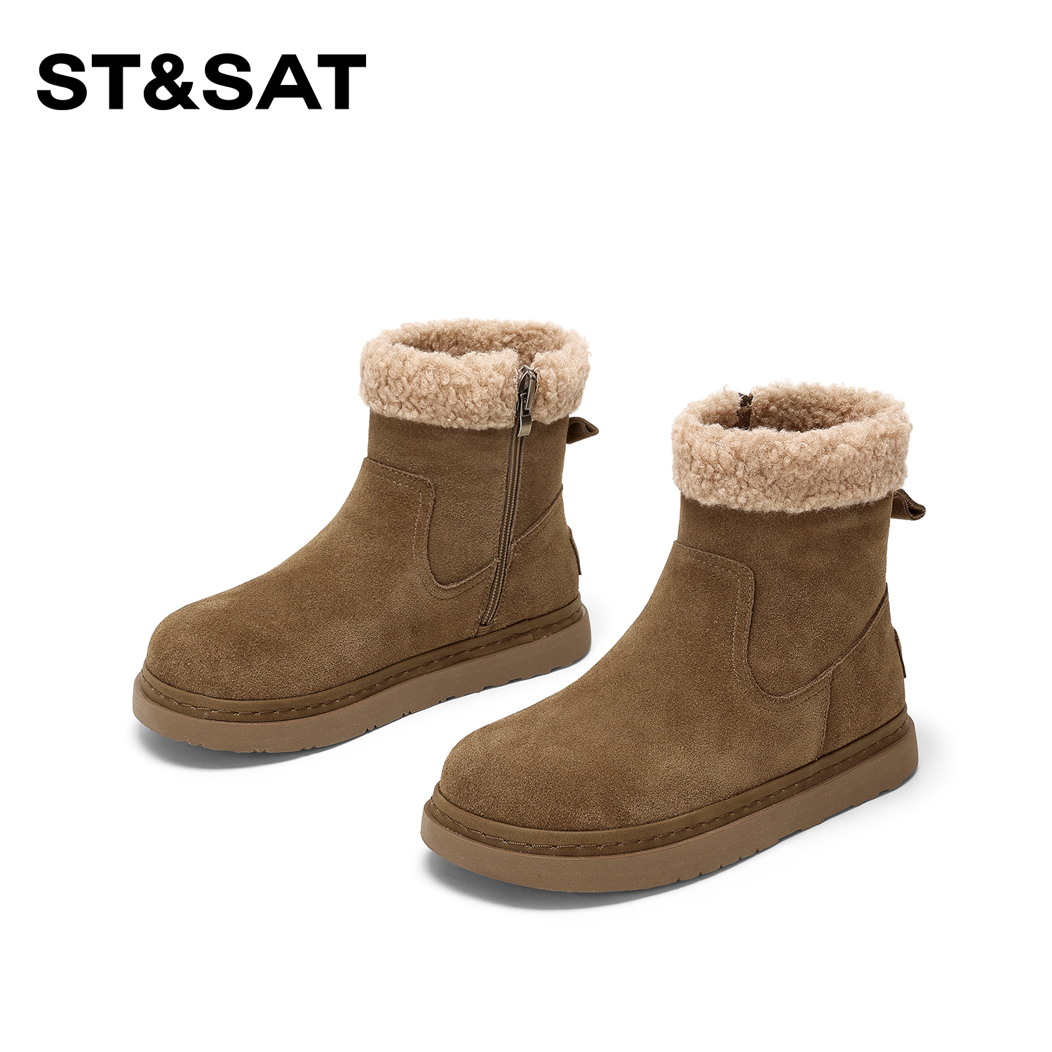 St&Sat/星期六百搭加绒软底短靴2025新款圆头时尚潮流短筒女