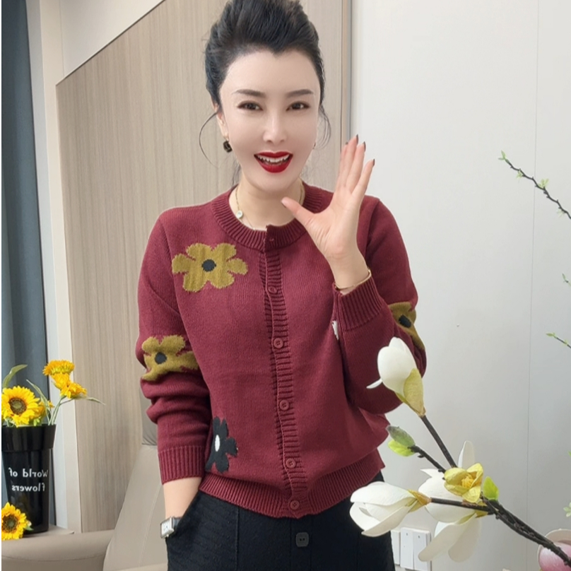 3726开衫洋气针织气质圆领街头风花朵长袖打底毛针织衫秋季百搭