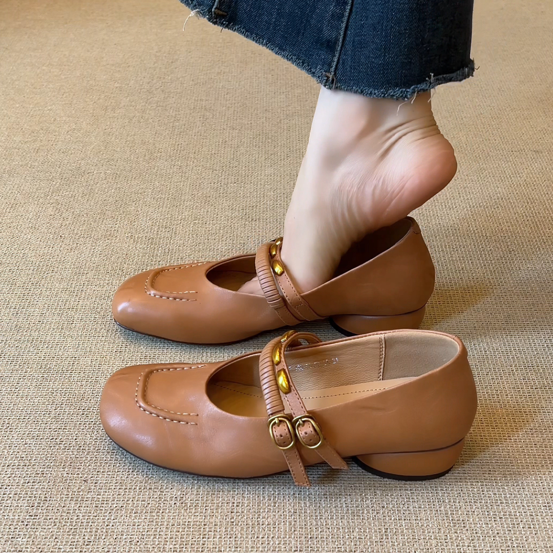 nnmiss·34-40/3cm法式复古风方头浅口金属双扣带粗跟通勤时尚单鞋